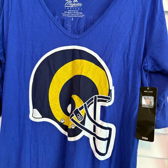 Majestic Blue Cold Shoulder Rams Tee Size Large - Picture 3 of 6